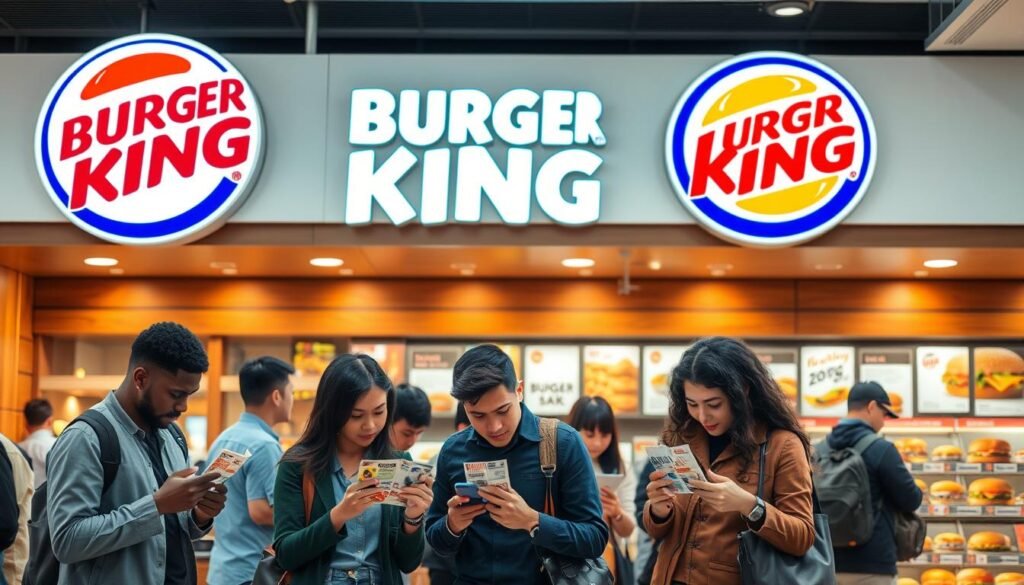 A modern, stylish fast-food restaurant interior with a prominent Burger King logo. In the foreground, a group of customers examining discount coupons and mobile device screens, discussing money-saving strategies. The middle ground showcases a display of Burger King menu items with price tags, highlighting the latest deals and specials. The background features warm lighting, clean lines, and a relaxed atmosphere, creating an inviting and comfortable setting. The overall scene conveys a sense of consumers actively exploring ways to maximize their savings at Burger King.