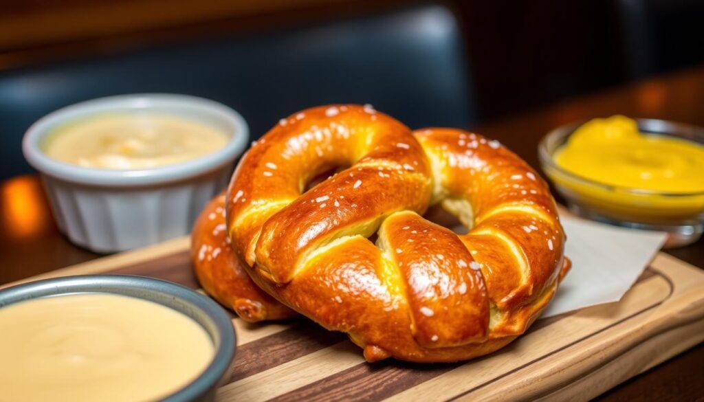 A mouthwatering close-up of freshly baked Applebee's Brew Pub Pretzels, glistening with a golden-brown crust and perfectly salted. The pretzels are arranged on a rustic wooden board, accompanied by a creamy cheese dipping sauce and a tantalizing side of honey mustard. The image is bathed in warm, inviting lighting, capturing the cozy atmosphere of an Applebee's brewpub. The pretzels are shot at a flattering angle, showcasing their soft, doughy interior and the delightful twist of the pretzel shape. The overall composition exudes a sense of indulgence and culinary delight, perfectly capturing the essence of this popular Applebee's appetizer.