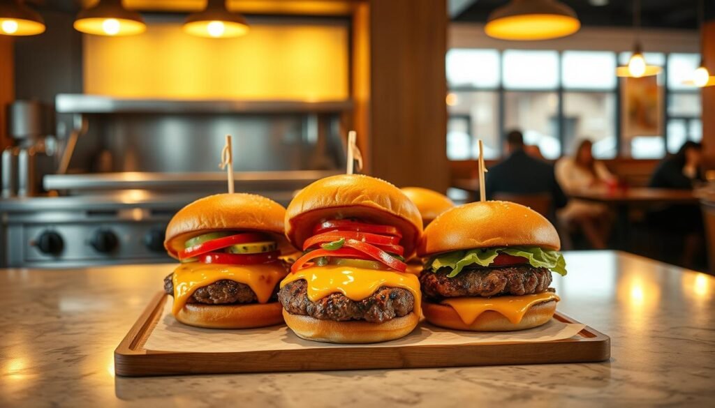 A mouthwatering display of Applebee's signature burgers, set against a softly lit, modern restaurant interior. In the foreground, a selection of juicy, hand-crafted patties, adorned with vibrant toppings and oozing with melted cheese. Behind them, a gleaming stainless steel grill and a minimalist, wood-accented counter, conveying a sense of culinary precision and attention to detail. In the background, the warm glow of pendant lights and the subtle hum of conversation, creating an inviting and relaxed atmosphere. The overall composition emphasizes the craftsmanship and flavor of these signature burgers, enticing the viewer to imagine the satisfying dining experience.