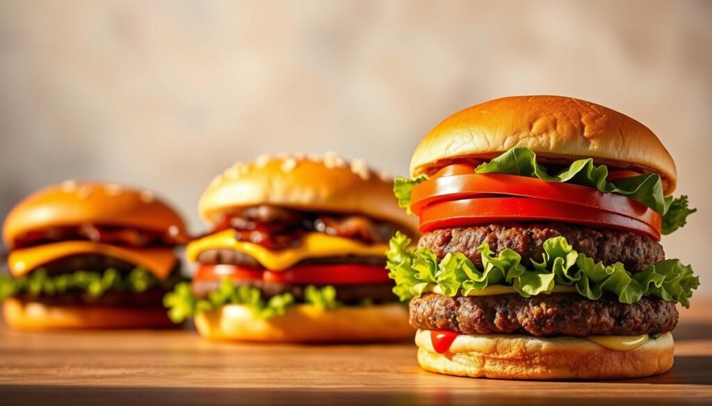 A mouthwatering display of Burger King's signature Whopper sandwiches against a softly blurred background. The main foreground features a classic Whopper burger, its juicy patty, fresh lettuce, tomato, onion, and signature sauce, all perfectly assembled. In the middle ground, additional Whopper variations, such as the Bacon Cheese Whopper and the Mushroom Swiss Whopper, are presented in an elegant, appetizing arrangement. The lighting is warm and inviting, casting gentle shadows that accentuate the depth and texture of the burgers. The overall scene conveys a sense of quality, indulgence, and the irresistible allure of Burger King's iconic Whopper lineup.