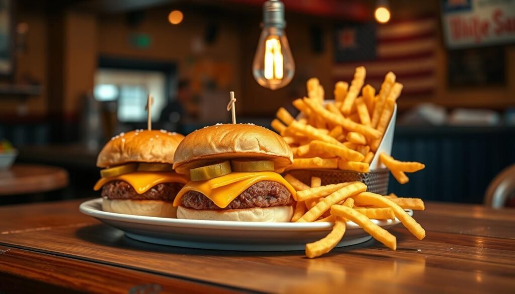 A mouthwatering display of sliders and crispy fries, elegantly arranged on a rustic wooden table. In the foreground, three perfectly cooked White Castle sliders, with their signature steamed buns, nestled with melted cheese, pickles, and juicy beef patties, served on a white plate. Next to them, a generous serving of golden, crinkle-cut fries, glistening with a light sprinkle of sea salt. In the middle ground, a softly glowing vintage lightbulb illuminates the scene, casting warm highlights on the food, enhancing the inviting atmosphere. The background features a blurred, cozy diner setting with warm tones, evoking a nostalgic feel. The overall mood is comforting and appetizing, perfect for a casual dining experience in an American eatery. The image should be sharp, focusing on the delicious details of the food.