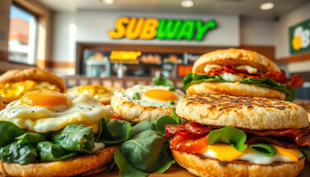 A neatly arranged display of freshly baked Subway breakfast sandwiches, featuring a variety of tempting fillings. The foreground showcases an array of sizzling egg, cheese, and meat combinations, presented on perfectly toasted English muffins. The middle ground highlights the vibrant greens of fresh spinach and the rich, savory hues of crispy bacon. In the background, a clean, modern Subway restaurant setting with natural lighting creates a welcoming and appetizing atmosphere. The overall scene exudes a sense of convenience, quality, and the inviting aroma of a satisfying morning meal.