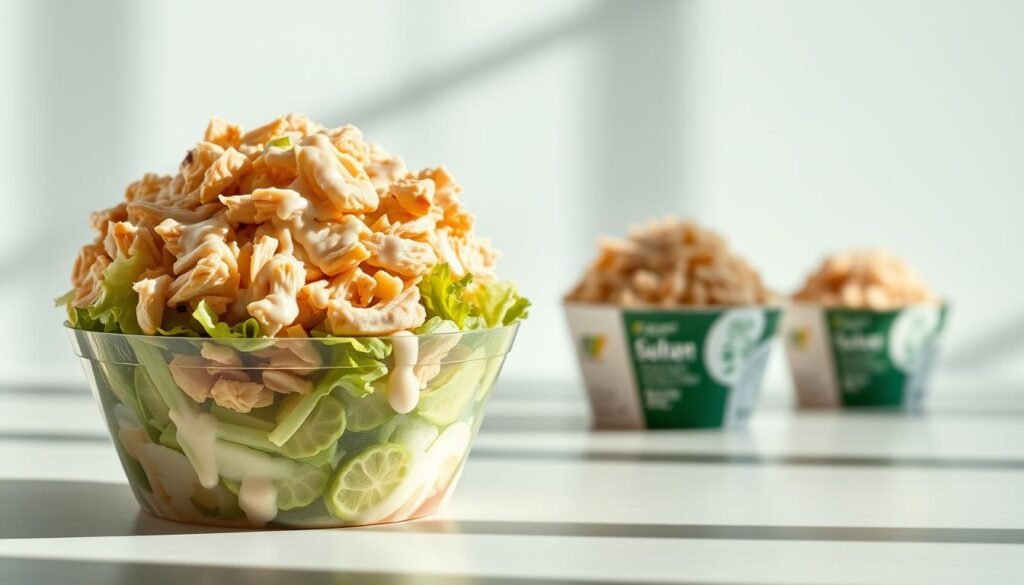 A neatly arranged grid of three Subway chicken salad portions, showcasing their varying sizes. The foreground features the largest portion, a generous serving with a mound of shredded chicken, crisp lettuce, and a creamy dressing. The middle ground displays the medium-sized portion, slightly smaller but still substantial. In the background, the smallest portion sits, highlighting the gradual decrease in quantity. Bright natural lighting illuminates the scene, casting subtle shadows and creating a clean, appetizing atmosphere. The camera angle is slightly elevated, providing a clear view of the portion sizes and their proportions. This composition effectively communicates the calorie breakdown and portion options available for Subway's chicken salad.