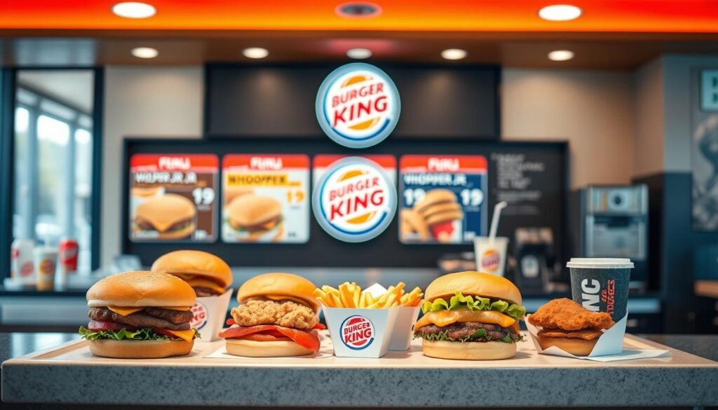 A neatly presented Burger King counter with a prominent menu display showcasing various lunch meal deals priced under $5. The counter is well-lit, creating a warm and inviting atmosphere. In the foreground, a selection of Whopper Jr. burgers, chicken sandwiches, and sides such as small fries and drinks are elegantly arranged, capturing the affordability and variety of the budget-friendly options. The middle ground features the Burger King logo and branding, while the background subtly blurs, keeping the focus on the featured menu items. The overall composition conveys the satisfying and accessible nature of Burger King's lunchtime offerings catered to those seeking a budget-friendly midday meal.