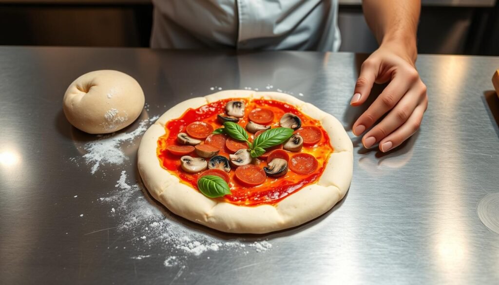 A pristine stainless steel kitchen counter, its surface gleaming under warm overhead lighting. On the counter, a freshly rolled out ball of dough, its edges lightly dusted with flour. Skilled hands carefully stretch and shape the dough, coaxing it into a perfect round crust. Vibrant tomato sauce is meticulously spread, its crimson hue contrasting with the pale dough. A variety of fresh toppings - crisp pepperoni, juicy mushrooms, and fragrant basil leaves - are carefully arranged, creating a visually enticing personal pizza. The scene exudes a sense of culinary precision and attention to detail, capturing the essence of Subway's commitment to crafting delicious, handmade pizzas.