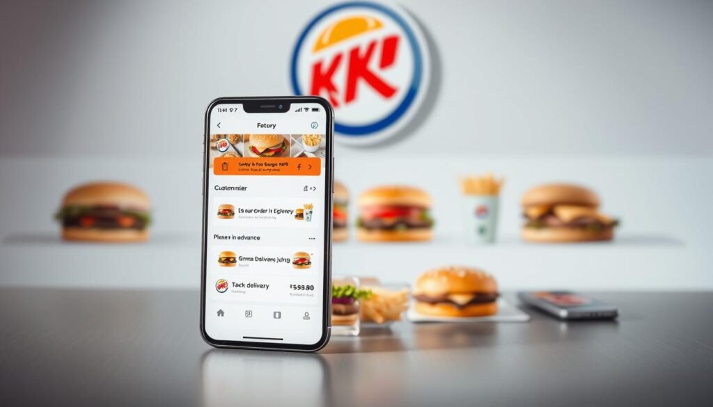 A sleek and modern mobile app interface showcasing Burger King's key digital ordering features. In the foreground, a smartphone displays the BK app's main menu, highlighting options for customizing burgers, ordering ahead, and tracking orders. The middle ground features an array of mouthwatering burger and fry visuals, captured in high-resolution detail under soft, natural lighting. The background subtly blends the Burger King brand colors, creating a clean, inviting atmosphere that embodies the convenience and accessibility of the mobile experience. The overall composition conveys the ease and simplicity of leveraging Burger King's digital tools to enjoy their classic menu items.