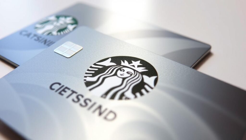 A sleek, metallic Starbucks gift card with intricate security features shimmering under crisp, directional lighting. In the foreground, a close-up view showcases the embossed logo, holographic patterns, and a microchip embedded within the card's surface. The middle ground reveals the card's edges, highlighting its sturdy construction and tamper-evident design. In the background, a clean, minimalist environment allows the card's security elements to take center stage, conveying a sense of trust, reliability, and attention to detail that Starbucks is known for.