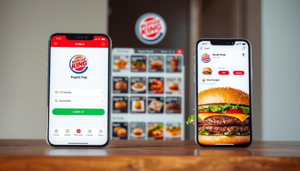 A sleek, modern Burger King digital ordering app interface, with a clean and intuitive layout. The foreground features a large, high-resolution image of a delicious Whopper burger, prominently displayed. The middle ground showcases various menu items and customization options, presented in a visually appealing grid layout. The background subtly incorporates the Burger King brand colors and logo, creating a cohesive and recognizable aesthetic. The lighting is soft and natural, highlighting the vibrant colors and textures of the food. The camera angle is slightly elevated, providing an inviting and appetizing perspective. The overall mood is one of simplicity, convenience, and a celebration of the Burger King brand and its signature menu items.