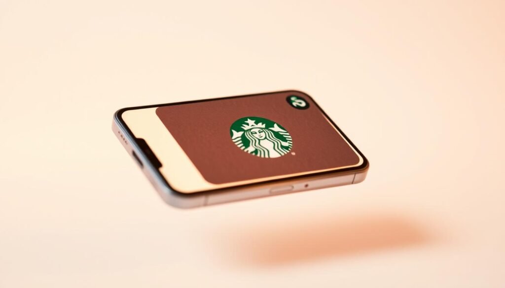 A sleek, modern Starbucks gift card app interface floats in a minimalist, slightly tilted perspective. The screen displays a beautifully rendered gift card, its design featuring the iconic Starbucks logo and color scheme. The card's surface has a subtle textured pattern, creating a tactile, premium feel. Warm, soft lighting casts a gentle glow, highlighting the card's digital details. The background is a clean, blurred gradient, placing the app integration at the forefront. The composition creates a sense of simplicity, elegance, and seamless digital-physical integration, reflecting the section's focus on the convenience and luxury of Starbucks gift cards.