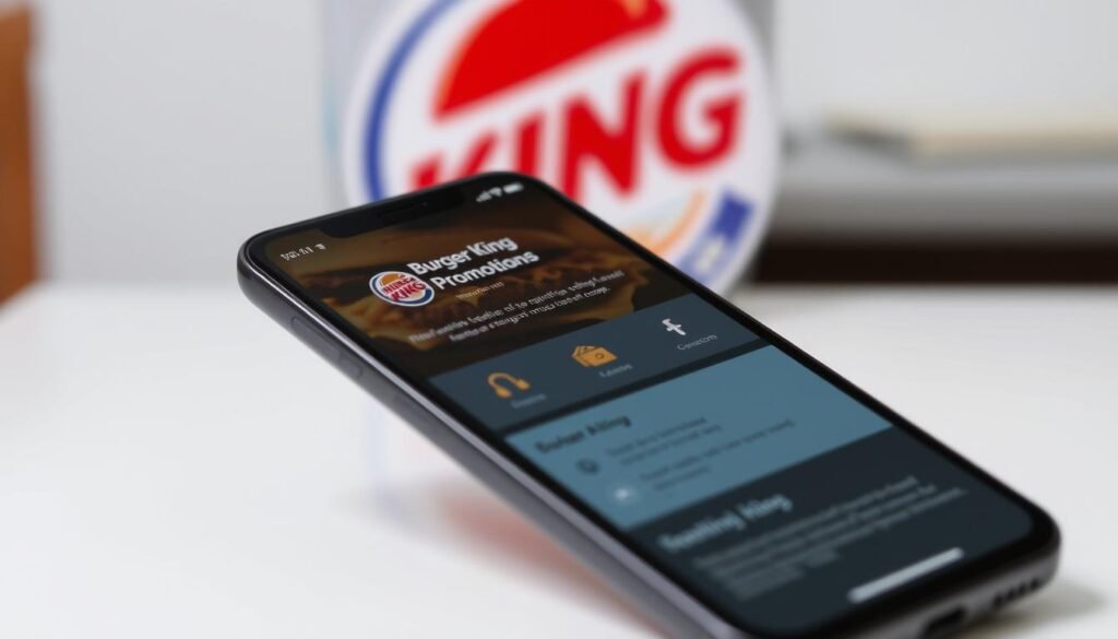 A smartphone screen displaying the Burger King mobile app, with a clean and intuitive interface showcasing a step-by-step guide for redeeming promotions. The app is presented in a well-lit, high-resolution render, with a modern and minimalist design aesthetic. The foreground highlights the main redemption flow, while the middle ground features the app's navigation menu and options. The background is a softly blurred depiction of the Burger King logo or branding, creating a sense of cohesion and brand recognition. The overall mood is professional, informative, and visually appealing, designed to clearly illustrate the process of redeeming BK promotions through the mobile app.