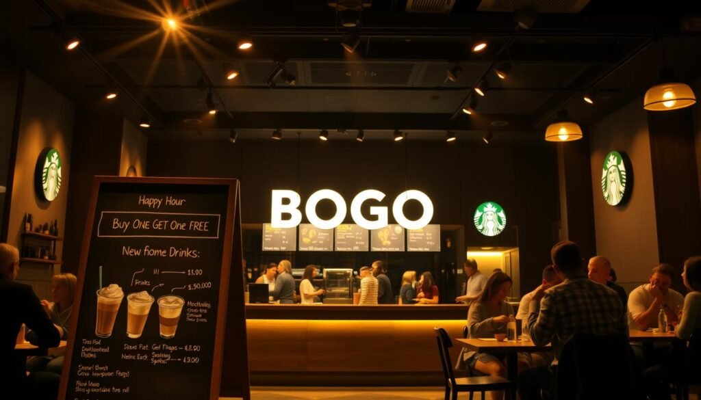 A stylish, dimly lit Starbucks cafe interior, with a central counter displaying an enticing "Buy One Get One Free" promotion. The scene is bathed in a warm, golden glow from overhead spotlights, casting a cozy, inviting atmosphere. In the foreground, a chalkboard menu showcases the featured Happy Hour drinks, their descriptions and prices. Customers are gathered around small cafe tables, enjoying their beverages and conversing. The middle ground features a prominent "BOGO" sign, drawing the eye to the special offer. The background showcases the familiar Starbucks branding and decor, creating a recognizable setting. The overall composition conveys a sense of comfort, indulgence and an exciting limited-time promotion.
