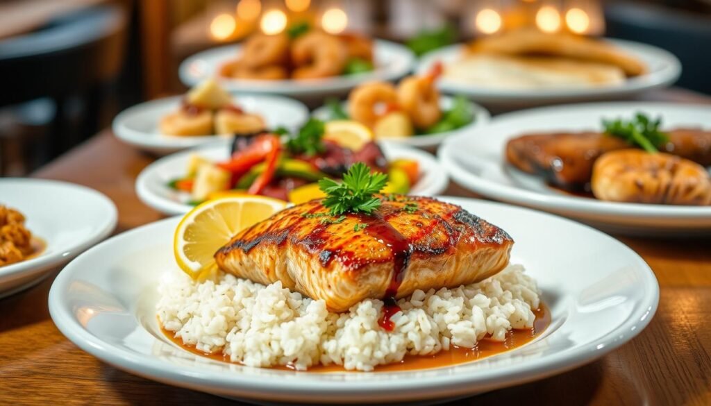 A sumptuous array of Applebee's Seafood Main Course Specialties, captured in a warm, inviting setting. In the foreground, a delectable grilled salmon fillet sizzles atop a bed of fluffy rice, garnished with vibrant lemon wedges and a sprinkle of fresh parsley. In the middle ground, a succulent seared ahi tuna steak is plated alongside a colorful medley of sautéed vegetables, drizzled with a tantalizing teriyaki glaze. The background showcases a harmonious blend of other Applebee's seafood delights, such as tender shrimp scampi and crispy-fried white fish, all presented on crisp, white dinnerware under the warm glow of soft lighting. The overall scene evokes a sense of culinary excellence and mouthwatering anticipation.