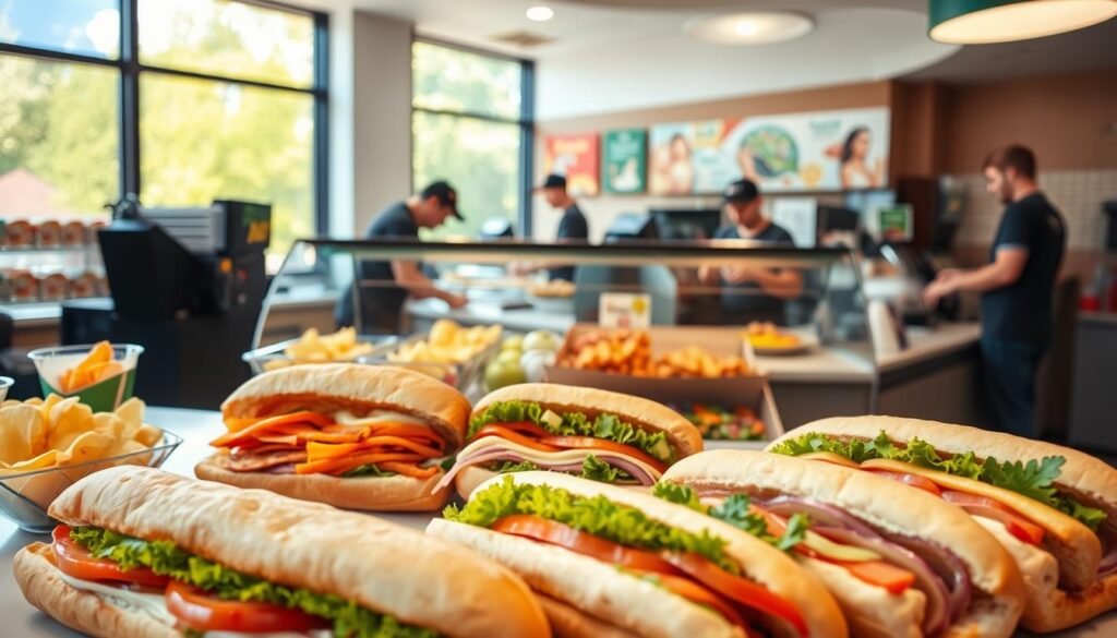 A sunlit deli counter showcases an array of Subway's fresh, affordable lunch options. In the foreground, a selection of 6-inch subs in classic flavors like Italian BMT and Veggie Delite sit neatly arranged, their vibrant colors and textures inviting. Behind them, a glass display highlights tempting sides like potato chips, apples, and yogurt parfaits. The midground features a clean, well-organized prep area, with employees skillfully assembling customized sandwiches. In the back, bright natural light filters through large windows, casting a warm glow over the scene and creating an atmosphere of casual, accessible dining. The overall composition conveys Subway's commitment to providing quick, budget-friendly lunchtime sustenance.