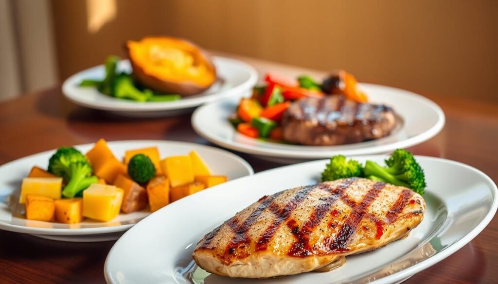 A table set with a selection of Applebee's gluten-free main course dishes. In the foreground, a plate featuring a grilled chicken breast, steamed broccoli, and roasted potatoes, all arranged in an appetizing manner. In the middle ground, a second plate showcases a juicy sirloin steak accompanied by a baked sweet potato and sautéed vegetables. The background features a neutral, softly-lit environment, creating a warm and inviting atmosphere. The lighting is natural, with a slight golden hue, and the camera angle is slightly elevated to provide a clear view of the dishes. The overall presentation conveys the high-quality, flavorful, and gluten-free nature of Applebee's main course options.