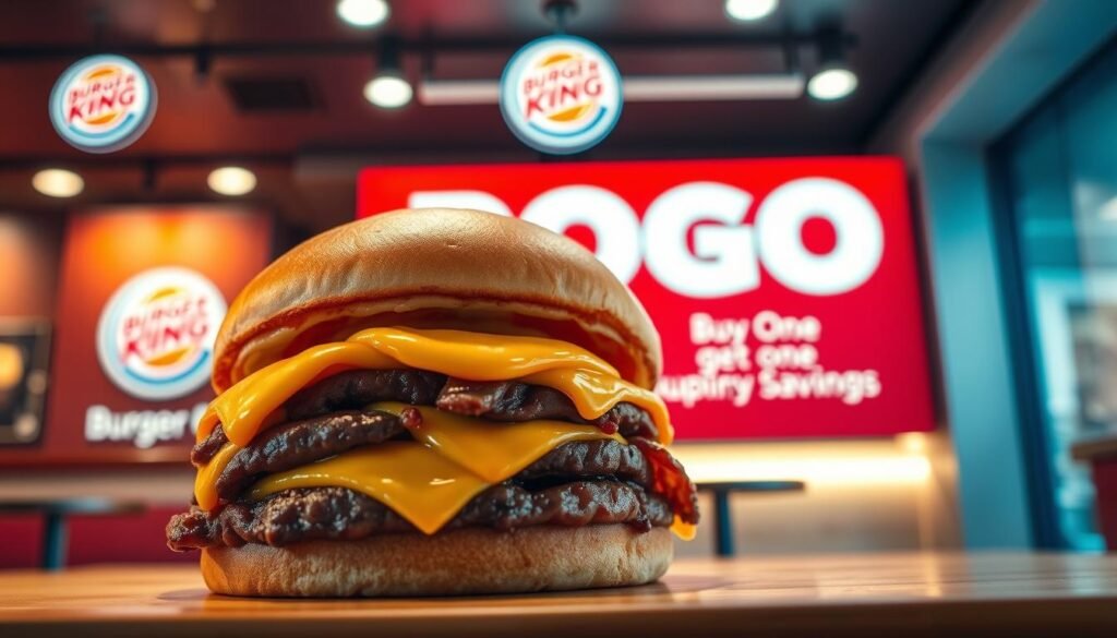 A vibrant and appetizing Whopper burger in the foreground, dripping with melted cheese and juicy patty, with a warm and inviting lighting that accentuates its texture and freshness. In the middle ground, a colorful and eye-catching "BOGO" (Buy One, Get One) promotion banner, showcasing the limited-time savings offer. The background features a sleek and modern Burger King restaurant interior, with clean lines and a minimalist design that creates a sense of premium quality. The overall composition and style convey a premium and exclusive dining experience, perfectly capturing the essence of the "Unlocking Maximum Savings with the Whopper BOGO Promotion" section.