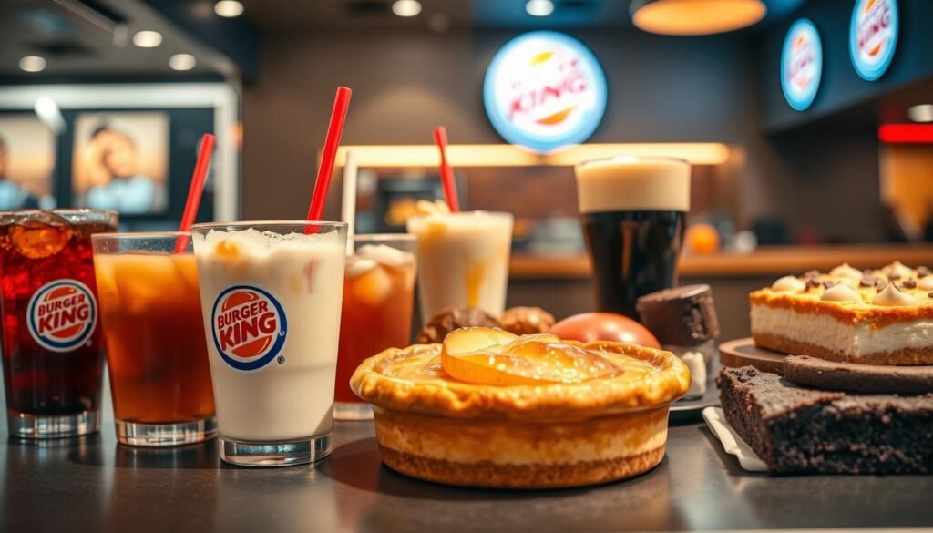 A vibrant and appetizing scene showcasing the diverse Burger King beverage and dessert selection. In the foreground, an array of ice-cold beverages in signature Burger King cups, including classic sodas, refreshing iced teas, and a tempting milkshake. The middle ground features an assortment of decadent desserts, such as warm apple pie with a golden crust, creamy cheesecake, and rich chocolate brownies. The background suggests a contemporary Burger King restaurant setting, with clean lines, warm lighting, and a hint of the iconic Burger King branding. The overall mood is one of indulgence and satisfaction, inviting the viewer to savor the mouthwatering selection of Burger King's beverage and dessert offerings.