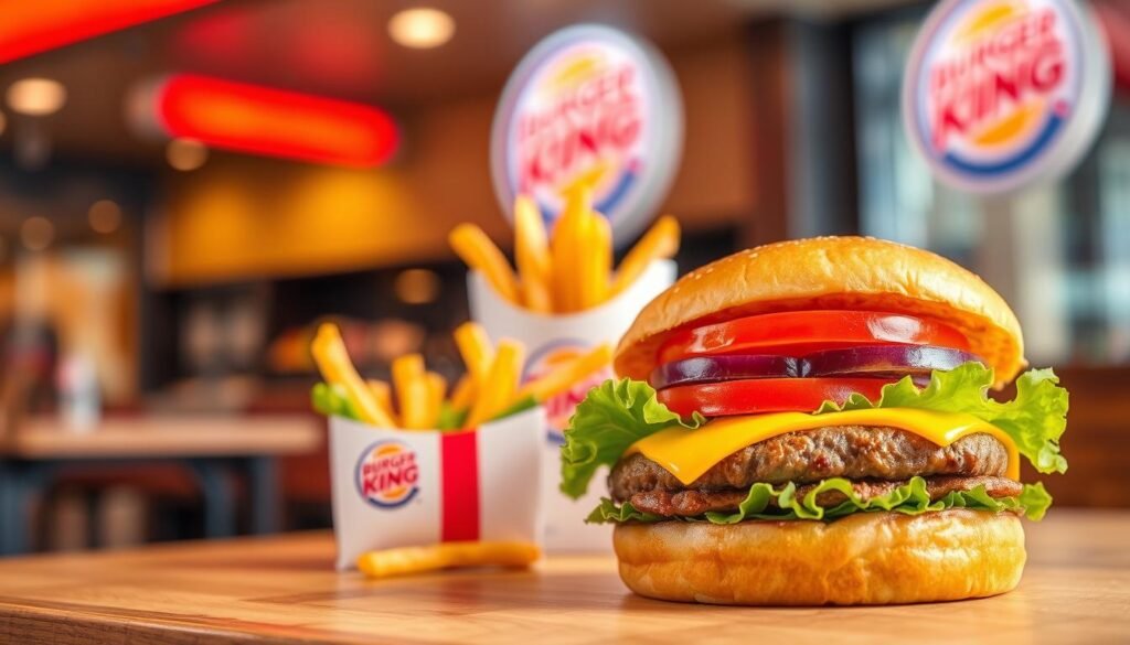 A vibrant and mouthwatering scene of Burger King's seasonal lunch specials. In the foreground, a freshly prepared burger with a toasted bun, melted cheese, and an array of fresh toppings like lettuce, tomato, and onion, set against a warm, golden lighting. In the middle ground, a crisp order of fries, perfectly seasoned and served in a classic Burger King paper sleeve. In the background, a blurred view of the Burger King restaurant interior, conveying a sense of inviting ambiance. The entire scene is captured with a shallow depth of field, emphasizing the delectable details of the food while suggesting the lively atmosphere of the establishment. An enticing and visually appetizing representation of Burger King's seasonal lunch specials.