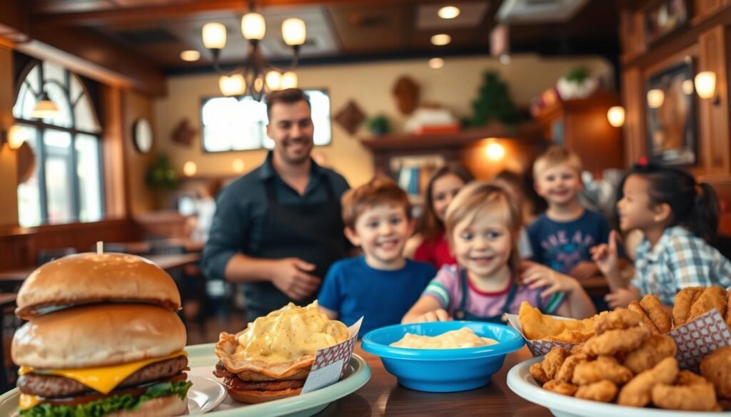 A vibrant and welcoming Applebee's restaurant interior, with a dedicated children's section featuring a cozy, family-friendly atmosphere. The foreground showcases an array of colorful and playful menu items, including kid-sized burgers, mac and cheese, and chicken tenders, all presented in an appetizing and visually appealing manner. The middle ground depicts a friendly server interacting with a group of smiling children, creating a sense of engagement and service. The background is softly lit, with warm wood tones and inviting decor, conveying a sense of comfort and delight. The overall scene exudes a wholesome, inviting, and child-centric ambiance, perfectly capturing the essence of Applebee's Kids Menu Specials.
