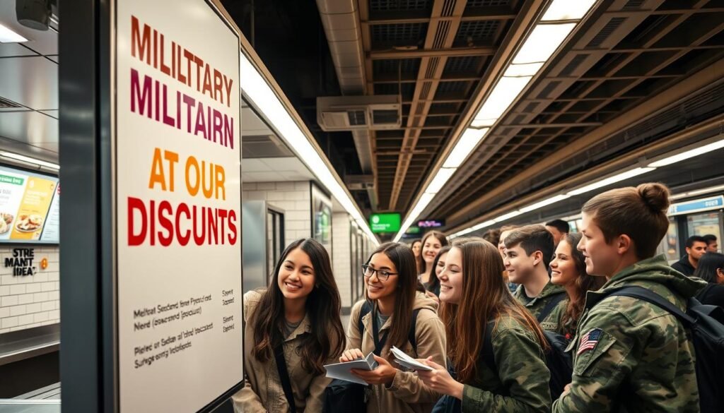 A vibrant and well-lit subway station interior, featuring a prominent sign showcasing "Military and Student Discounts" for a Subway restaurant. The foreground showcases a group of young adult students and military personnel examining the sign and menu, their expressions conveying interest and enthusiasm. The middle ground depicts the clean and modern Subway decor, with stainless steel counters and subway tile accents. The background features the bustling activity of a subway platform, with commuters passing by. The lighting is warm and inviting, creating a welcoming atmosphere. The overall scene highlights the accessibility and convenience of the Subway Military and Student Discounts, set against the dynamic backdrop of a thriving urban transportation hub.