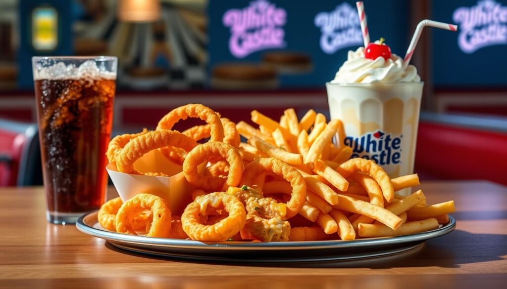 A vibrant, appetizing display of a White Castle meal featuring a variety of sides and drinks. In the foreground, a neatly arranged platter showcasing crispy onion rings, cheesy jalapeño bites, and a serving of crinkle-cut fries, all glistening under soft, warm lighting. To the left, a frosty cup of soft drink with condensation, and on the right, a classic milkshake topped with whipped cream and a cherry. In the background, blurred images of a quaint diner setting with subtle hints of the White Castle logo, enhancing the nostalgic fast-food atmosphere. The image should be bright and inviting, capturing the essence of a satisfying fast-food experience, evoking comfort and nostalgia. Use a slightly elevated angle to encompass the entire meal beautifully.
