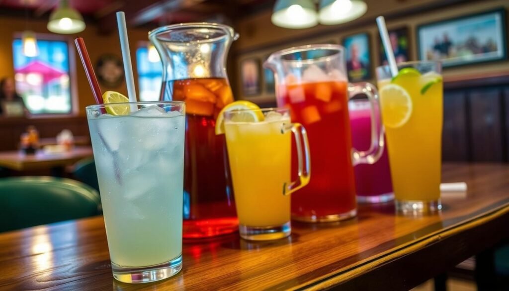 A vibrant arrangement of drinks served at Papa Gino's in Bridgewater, featuring a selection of colorful beverages. In the foreground, a classic soda cup with ice and a straw, beside it, a refreshing lemon-lime soda in a chilled glass garnished with a lime wedge. In the middle, larger pitchers of iced tea and fruit punch, with condensation visible, placed on a rustic wooden table. The background shows a softly blurred view of a cozy restaurant setting, warm and inviting with pendant lighting casting a soft glow. The scene conveys a casual, friendly atmosphere perfect for enjoying snacks and drinks, captured with a shallow depth of field to focus on the delicious refreshments.