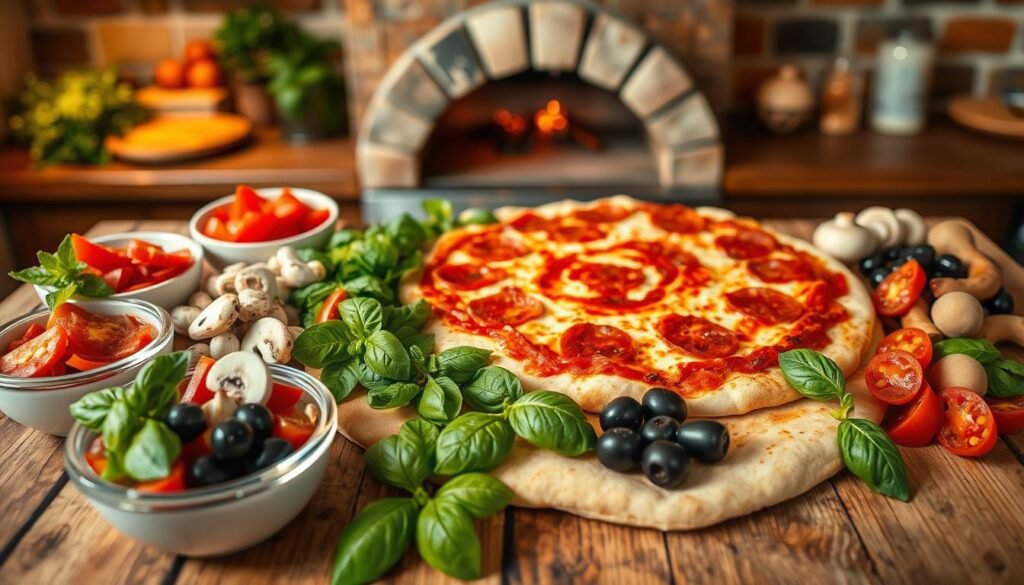 A vibrant array of fresh pizza toppings displayed on a rustic wooden table, showcasing a medley of colorful ingredients. In the foreground, there are bowls of pepperoni slices, green bell peppers, mushrooms, black olives, and fresh basil leaves, all artfully arranged for visual appeal. The middle ground features a large, half-assembled pizza crust topped with a swirl of marinara sauce and a generous layer of mozzarella cheese. In the background, a warm kitchen atmosphere with soft, ambient lighting creates a cozy feeling, while a blurred stone oven adds authenticity. The scene is shot from an above angle to emphasize the diversity and freshness of the toppings, evoking a sense of delicious possibilities and customization. The overall mood is inviting and appetizing, perfect for food enthusiasts.