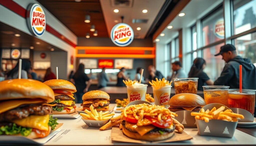 A vibrant, high-resolution image of Burger King's seasonal menu specials, featuring an array of tempting burgers, fries, and beverages. The scene is set in a modern, well-lit Burger King restaurant, with a clean, minimalist interior design. The camera angle is slightly elevated, capturing the entire menu display in the foreground, with customers dining in the middle ground and the restaurant's branding and decor visible in the background. The lighting is warm and inviting, highlighting the rich colors and textures of the food. The overall mood is one of excitement and anticipation, inviting the viewer to explore the latest seasonal offerings from this iconic fast-food brand.