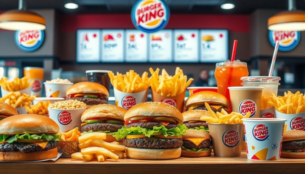 A vibrant, high-resolution image of a Burger King value menu display showcasing a variety of discounted menu items. The foreground features a neatly arranged selection of value-priced burgers, fries, and beverages, with each item depicted in mouthwatering detail. The middle ground includes branded Burger King packaging and containers, creating a sense of authenticity. The background is softly blurred, drawing the viewer's attention to the enticing value menu offerings. The lighting is warm and inviting, highlighting the rich colors and textures of the food. The overall composition conveys a sense of affordability and accessibility, perfectly capturing the essence of Burger King's value menu specials.