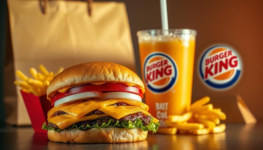 A vibrant still life of a Burger King value meal deal, captured under warm, soft lighting with a shallow depth of field. In the foreground, a classic Whopper burger with its signature flame-grilled patty, melted cheese, and crisp lettuce, tomato, and onion toppings, accompanied by a generous portion of golden, crispy French fries. In the middle ground, a large, icy-cold soft drink in a signature Burger King cup, condensation beading on the surface. The background features a neatly folded paper bag, hinting at the overall meal deal packaging. The composition conveys a sense of quality, value, and the satisfying indulgence of a Burger King dining experience.