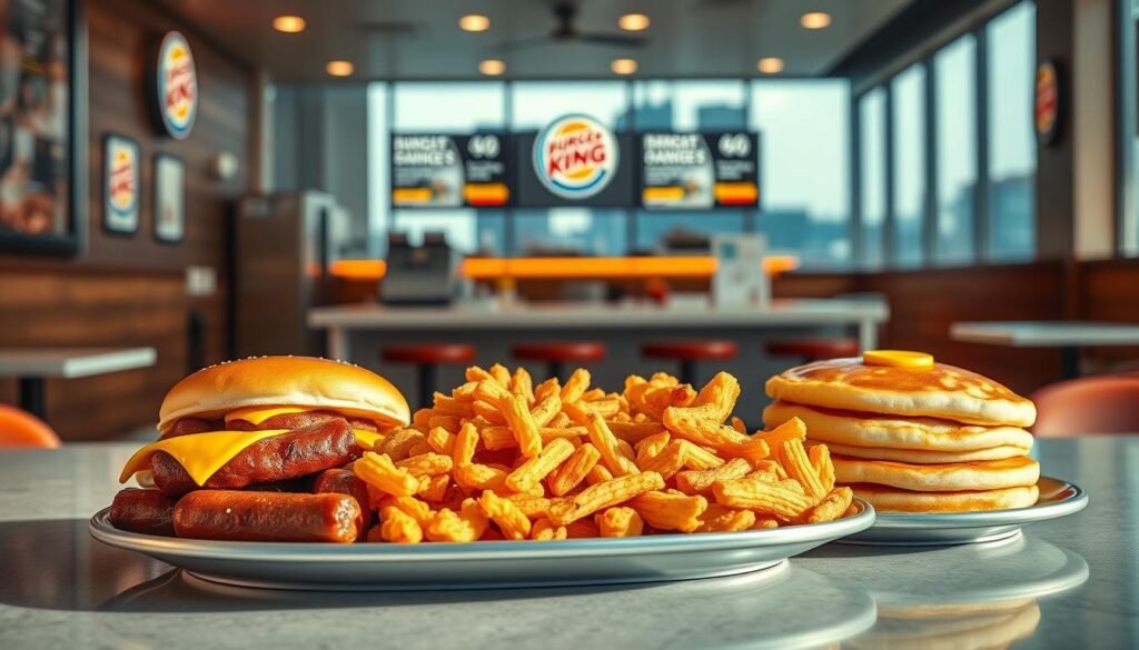 A visually appealing diner-style scene showcasing Burger King's breakfast menu selections. In the foreground, a neatly arranged display of various breakfast items such as sausage, egg, and cheese sandwiches, hash browns, and pancakes, captured under warm, natural lighting with a slight depth of field blur. In the middle ground, a clean, modern Burger King restaurant interior with a focus on the counter and menu boards highlighting the breakfast offerings. The background features a softly blurred urban setting, suggesting an early morning atmosphere. The overall composition conveys a sense of inviting, high-quality breakfast options at Burger King.