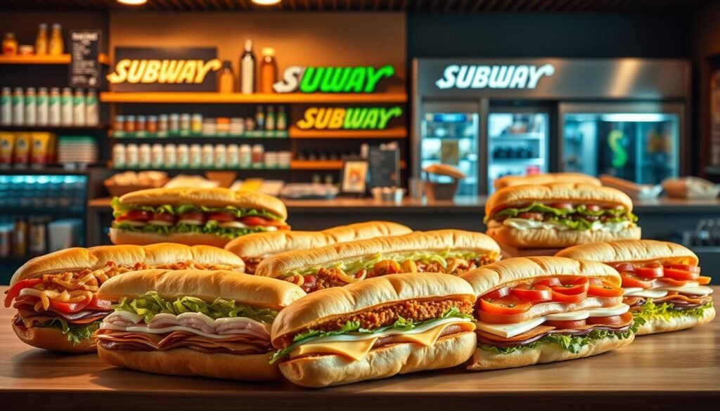 A visually appealing display of Subway's classic footlong sandwich varieties, captured in a warm, inviting deli setting. In the foreground, an assortment of neatly arranged footlong sandwiches, each showcasing its distinctive fillings and toppings, bathed in soft, natural lighting. The middle ground features a backdrop of wooden shelves stocked with various condiments and accoutrements, hinting at the customization possibilities. In the background, a glimpse of a clean, modern Subway storefront, conveying a sense of quality and freshness. The overall scene exudes a mouthwatering atmosphere, enticing the viewer to imagine the satisfying flavors and textures of these classic Subway footlong favorites.