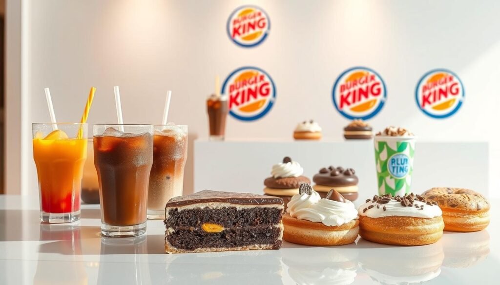 A visually appetizing array of Burger King's signature beverages and desserts, captured in a bright, inviting setting. In the foreground, an assortment of colorful soft drinks, milkshakes, and iced coffees are neatly arranged on a sleek, glossy surface, their condensation-beaded cups reflecting the warm lighting overhead. In the middle ground, a selection of tempting Burger King desserts, such as creamy cheesecake, decadent chocolate cakes, and fluffy doughnuts, are presented on a white backdrop, their textures and garnishes meticulously rendered. The background features a clean, minimalist environment, with subtle branding elements subtly incorporated to establish the Burger King aesthetic. The overall composition exudes a sense of quality, indulgence, and hospitality, inviting the viewer to savor the delectable offerings.