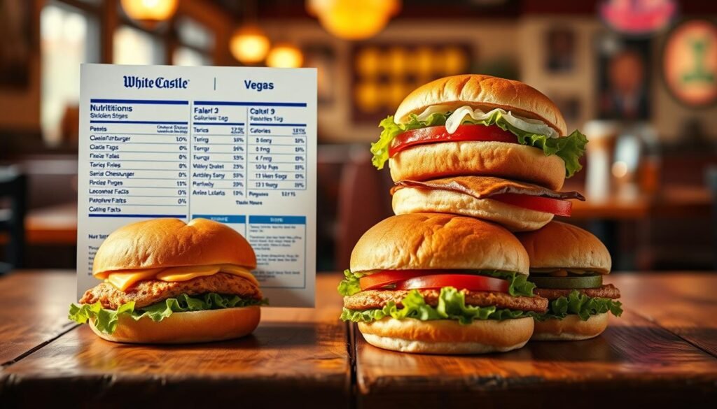 A visually compelling image depicting a selection of White Castle sliders, presented on a rustic wooden table. In the foreground, focus on three sliders stacked artistically, each showcasing different fillings—classic cheeseburger, chicken slider, and veggie option, all garnished with fresh lettuce and tomatoes. The middle layer features a nutrition chart subtly integrated into the scene, with calorie counts and key nutrition facts prominently featured, but without any text. In the background, a softly blurred diner setting with warm lighting creates a cozy atmosphere, giving a sense of context to the sliders. Use a slightly elevated angle to capture both the sliders and the background ambiance, with a focus on warm, inviting colors to evoke a sense of comfort and indulgence.