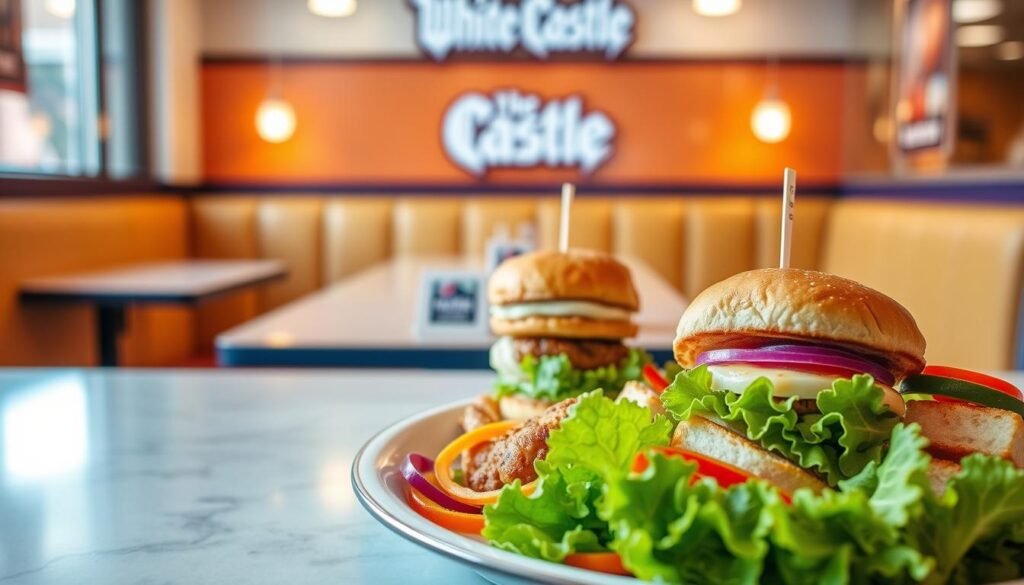 A visually engaging image depicting "diet slider swaps" at a casual fast-food setting. In the foreground, show a neatly arranged platter featuring healthy slider alternatives, such as lettuce-wrapped burgers, grilled chicken sliders, and plant-based options, artistically presented with colorful vegetable garnishes. In the middle ground, present a cozy White Castle restaurant booth with subtle lighting, inviting patrons to enjoy their meals. The background should include a softly blurred view of the restaurant's iconic decor, creating a warm atmosphere. Use bright lighting that enhances freshness, and a slightly overhead angle to capture the sliders in full detail, evoking a sense of health-conscious dining without sacrificing taste.