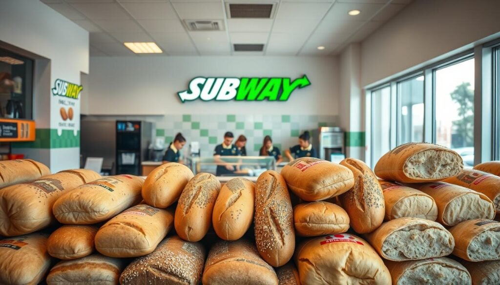 A well-lit, clean and inviting Subway store interior. In the foreground, an array of freshly baked bread loaves in various healthy varieties, such as whole wheat, multigrain, and Italian herbs and cheese. The breads are artfully arranged on wooden shelves, their textures and colors beautifully highlighted. In the middle ground, a team of Subway employees, dressed in crisp uniforms, expertly crafting sandwiches and wraps using the assortment of breads. The background features the Subway branding and signage, creating a professional and trustworthy atmosphere. Bright, natural lighting from large windows illuminates the scene, giving it a warm and welcoming ambiance.