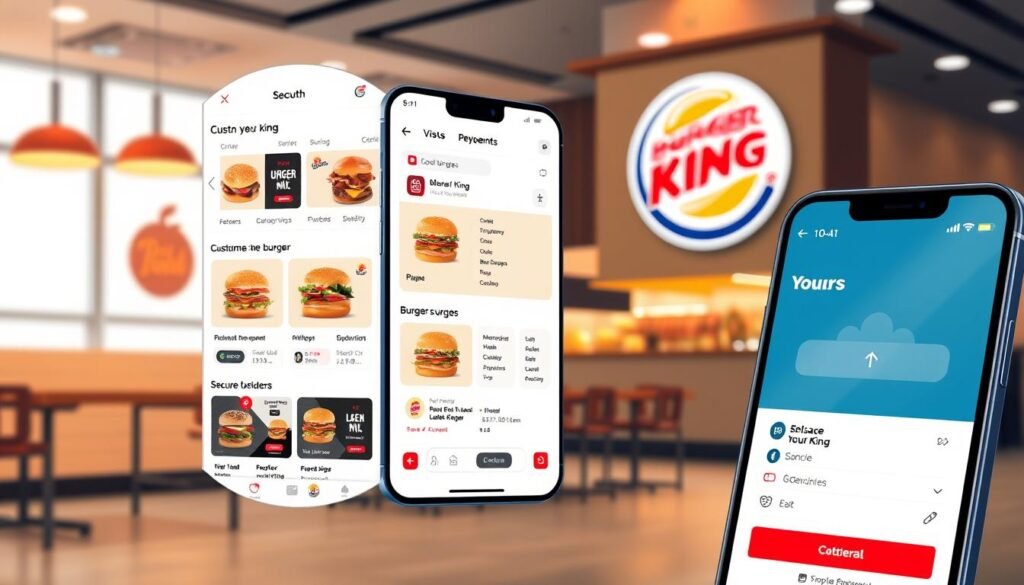 A well-lit, detailed illustration of the Burger King mobile app's ordering features. The foreground depicts a smartphone screen displaying the app's user interface, showcasing options for customizing and placing a burger order. The middle ground features a close-up view of the app's various menu sections, navigation elements, and payment options. The background sets the scene with a modern, minimalist Burger King restaurant interior, complete with clean lines, warm lighting, and subtle branding. The overall composition conveys the convenience, simplicity, and seamless integration of the mobile ordering experience.