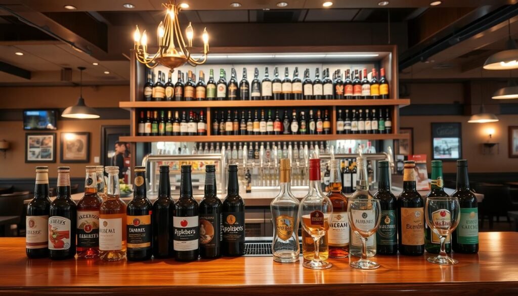 A well-lit, high-quality photo of an Applebee's restaurant bar showcasing a diverse selection of bottled beers and wines. The foreground features an array of bottles and glasses neatly arranged on a wooden bartop, with elegant lighting fixtures casting a warm, inviting glow. The middle ground captures the bar's interior, with polished chrome taps, shelves displaying a variety of labels, and subtle decor elements that evoke the casual-dining ambiance of Applebee's. The background subtly blends the bar area with the restaurant's dining space, creating a cohesive, visually appealing scene. The overall mood is one of sophistication and quality, reflecting Applebee's commitment to providing a diverse and enjoyable beverage selection.