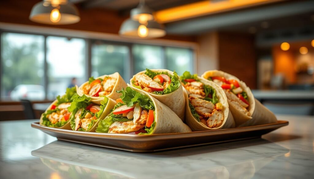 A well-lit, high-quality photograph of a selection of Subway's signature chicken wrap options presented on a clean, stylish table setting. The wraps are neatly arranged, showcasing their colorful ingredients like grilled chicken, fresh vegetables, and flavorful sauces. The lighting is warm and inviting, creating a mouthwatering atmosphere. The camera angle is slightly elevated to provide a clear, unobstructed view of the wraps, allowing the viewer to appreciate the delicious details. The background is blurred, keeping the focus on the star of the image - the tasty chicken wrap options.