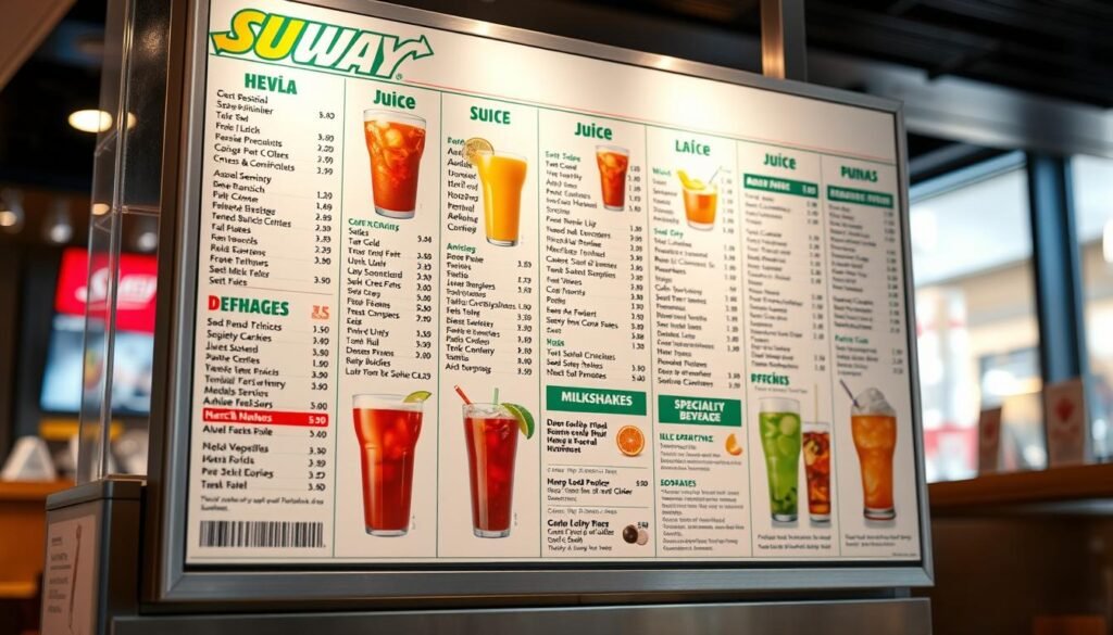 A well-lit, high-resolution image of a Subway restaurant's beverage menu, captured at a medium angle. The menu displays a clean and organized layout, showcasing a variety of refreshing drink options, including sodas, juices, milkshakes, and specialty beverages. The menu is presented against a blurred, out-of-focus background, creating a sense of depth and emphasis on the detailed information. The lighting is soft and natural, highlighting the vibrant colors and typography of the menu. The overall atmosphere conveys a modern, inviting, and appetizing ambiance, perfectly suited for the "Beverage Options and Choices" section of the Subway menu article.