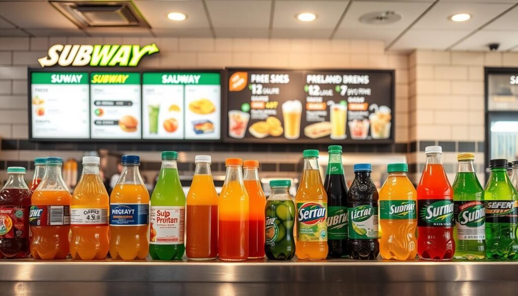 A well-lit, high-resolution image of a display of various beverage choices at a Subway restaurant counter. The foreground features a variety of bottled and canned drinks, including sodas, juices, and water, neatly arranged on a clean, stainless steel surface. The middle ground shows the Subway menu board showcasing the different beverage options available. The background depicts the familiar Subway restaurant interior, with its warm lighting, tiled walls, and clean, modern aesthetic. The overall atmosphere is inviting and appetizing, highlighting the diverse and refreshing beverage selection that Subway offers to its customers.