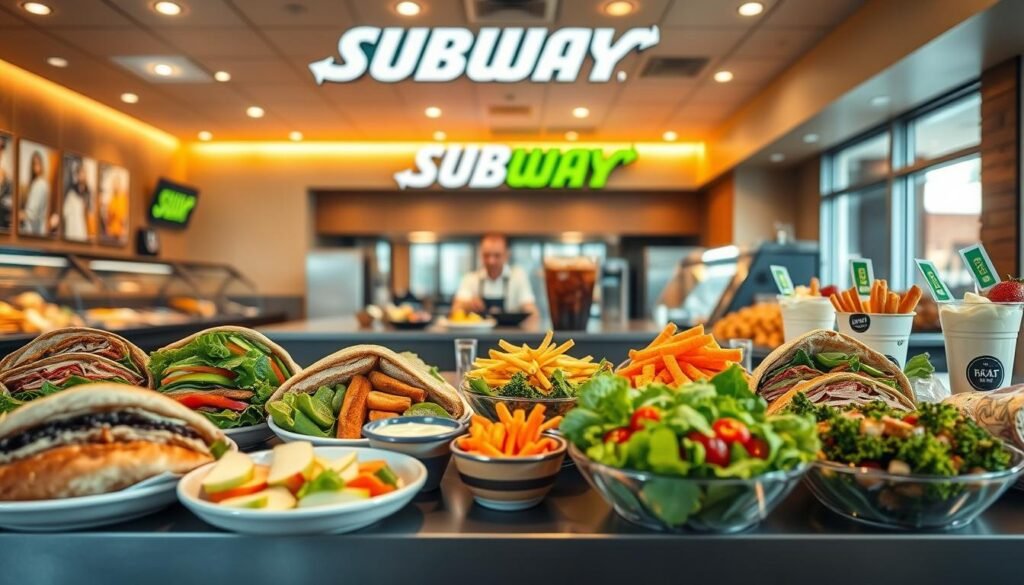 A well-lit, inviting Subway restaurant interior featuring an assortment of fresh, healthy dinner options. In the foreground, a selection of Subway's signature sandwiches, salads, and wraps made with lean proteins, crisp vegetables, and wholesome ingredients. The middle ground showcases Subway's extensive selection of sides, such as apple slices, carrot sticks, and yogurt parfaits. The background depicts the restaurant's modern, clean aesthetic with warm lighting and earthy tones, creating a cozy and appealing atmosphere for an evening meal. The scene conveys a sense of nutritious, satisfying, and guilt-free indulgence.