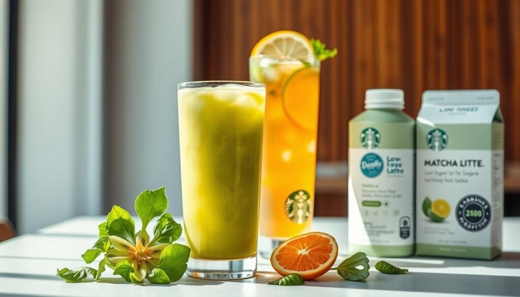 A well-lit, inviting scene featuring an artful arrangement of low-calorie Starbucks drinks. In the foreground, a vibrant green smoothie with fresh kiwi and spinach garnish. In the middle ground, a tall glass of refreshing iced tea, delicately infused with citrus. In the background, a sleek, minimalist display of chilled, low-sugar dairy-free lattes and matcha tea creations. The lighting is soft and natural, highlighting the vibrant colors and clean, healthy aesthetic. The composition is balanced and visually appealing, conveying a sense of nourishment and wellness.