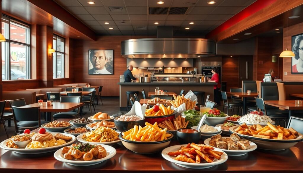 A well-lit, photorealistic scene of an Applebee's restaurant interior, showcasing their All-You-Can-Eat Specials. The foreground features a table with a selection of appetizers, entrees, and desserts, artfully arranged to entice the viewer. In the middle ground, the restaurant's cozy ambiance is evident, with warm lighting, comfortable seating, and attentive staff. The background depicts the restaurant's signature decor, including wood paneling, modern art, and a view of the bustling kitchen. The overall atmosphere conveys a sense of value, hospitality, and the abundance of options available to diners.