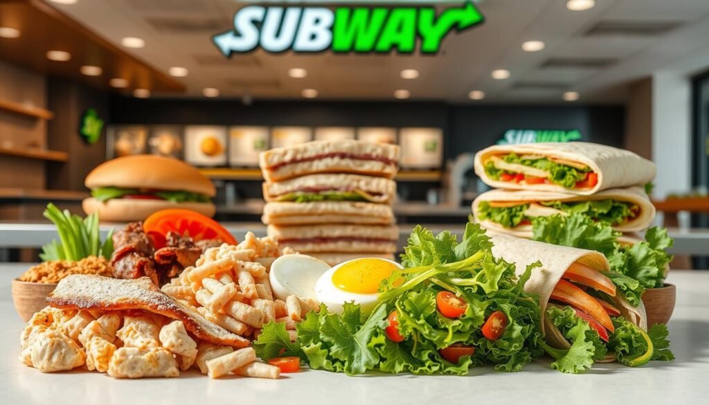 A well-lit, visually appealing display of various protein-rich menu options from Subway. In the foreground, a selection of fresh, high-quality ingredients such as grilled chicken, roast beef, tuna, and eggs are artfully arranged on a clean, minimalist background. The middle ground features neatly stacked whole-grain breads, wraps, and salad greens, suggesting a variety of healthy base options. In the background, a sleek, modern Subway restaurant interior with clean lines and neutral tones provides a sophisticated, appetizing setting. The overall composition conveys a sense of nutritious, customizable meal options that cater to an active, health-conscious lifestyle.