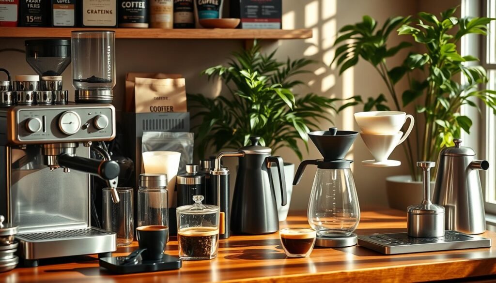 A well-stocked home barista's workstation, bathed in warm, natural lighting. In the foreground, an array of essential tools - a precision espresso machine, a sleek grinder, and a polished tamper. Interspersed are various coffee accessories, including a milk frother, a scale, and a selection of artisanal roasts. The middle ground showcases a pour-over setup, with a gooseneck kettle and a carefully-crafted ceramic dripper. In the background, a lush, green plant adds a touch of vitality, complementing the rich, wood-toned surfaces. The overall scene exudes a sense of expertise, attention to detail, and a passion for crafting the perfect cup of coffee, capturing the essence of "Barista-Level Results" for the at-home coffee enthusiast.