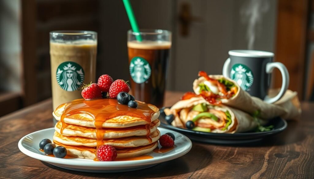 Crisp, well-lit photograph of an assortment of Starbucks breakfast items on a rustic wooden table. In the foreground, a plate showcases a stack of fluffy protein-packed pancakes, garnished with fresh berries and a drizzle of maple syrup. Beside it, a tall glass of nutrient-dense smoothie with spirulina, chia seeds, and peanut butter. In the middle ground, a breakfast wrap bursting with scrambled eggs, avocado, and crispy turkey bacon. In the background, a Starbucks coffee cup, steaming hot, completes the nourishing scene. Natural lighting filters in, creating a warm, inviting atmosphere that highlights the vibrant colors and textures of the Starbucks protein-rich breakfast options.