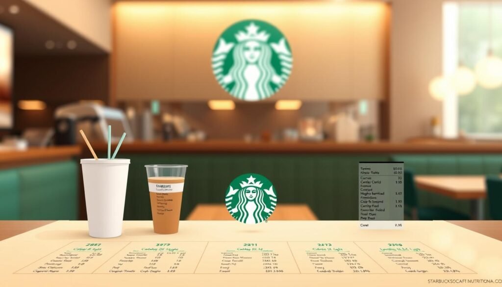 Starbucks Food Nutrition Overview: A vibrant, digital illustration showcasing the nutritional information of Starbucks' food menu. In the foreground, a clean, minimalist table displays a selection of Starbucks menu items, each with their corresponding calorie, carbohydrate, and other key nutritional details presented in a clear, organized manner. The middle ground features a stylized, muted Starbucks logo as a subtle backdrop, while the background depicts a softly blurred, atmospheric coffee shop environment, complete with warm lighting and a hints of Starbucks' signature green branding. The overall composition conveys a sense of informative clarity and Starbucks' commitment to transparency around the nutritional content of their food offerings.