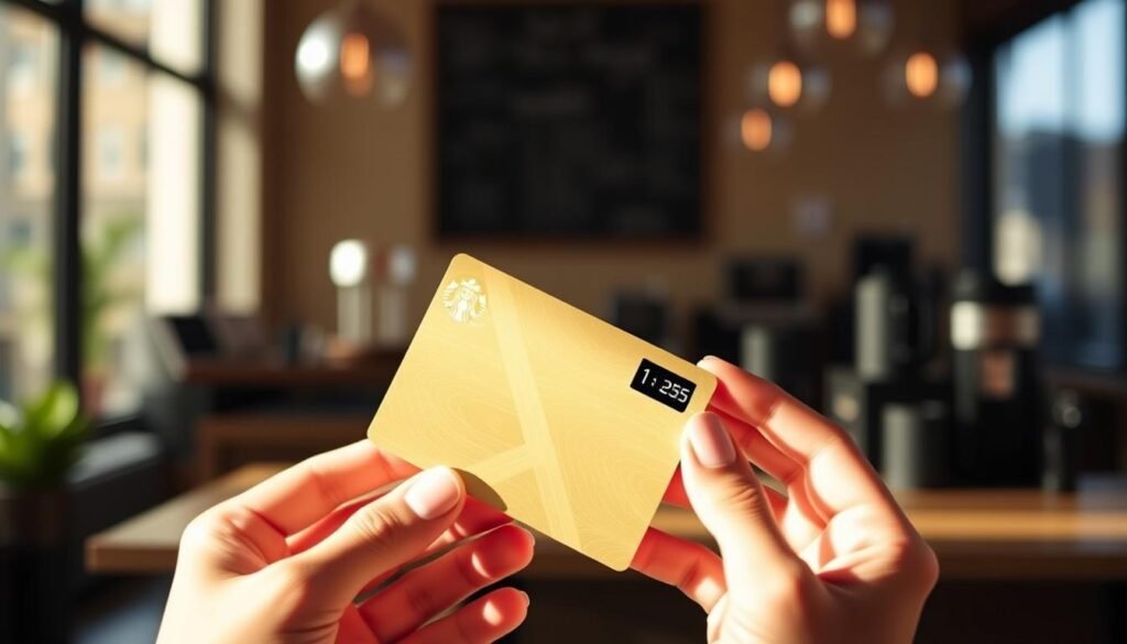 Starbucks gift card with elegant gold trim floating against a blurred coffee shop background. The card is held up by delicate hands, highlighting its sleek design and shimmering finish. Soft natural lighting casts a warm glow, creating a cozy, inviting atmosphere. The card's balance is displayed on a discreet digital screen, allowing for easy monitoring of funds. A serene, minimalist composition that conveys the convenience and luxury of managing one's Starbucks rewards.