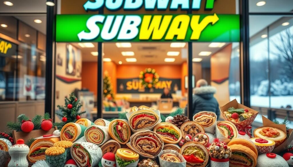 Subway Seasonal Promotions: A vibrant storefront display showcases an array of delectable holiday-themed treats. In the foreground, an enticing selection of festive sandwiches, wraps, and salads are neatly arranged, their colors and textures tempting the eye. The middle ground features a cozy interior with warm lighting, creating an inviting atmosphere. In the background, a winter landscape is visible through the large windows, hinting at the seasonal change. The overall scene conveys a sense of holiday cheer and the welcoming embrace of a Subway restaurant, ready to delight customers with its seasonal promotions.