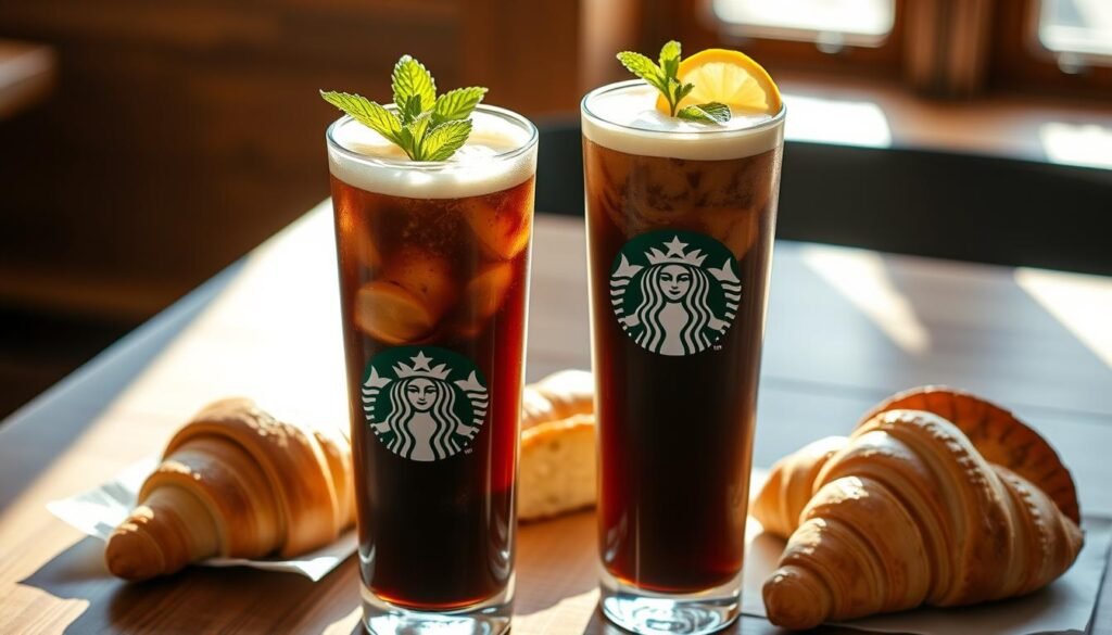 Vegan cold brew Starbucks drinks, two tall glasses on a wooden table, sunlight filtering through the window, creating a warm, natural lighting. The cold brew has a rich, dark color, topped with a creamy, dairy-free foam. Fresh mint leaves and a slice of lemon add a vibrant, refreshing touch. The drinks are accompanied by a selection of pastries, including a vegan croissant and a slice of banana bread, creating a cozy, inviting café scene. The overall atmosphere is one of relaxation and indulgence, showcasing the delicious and dairy-free options available at Starbucks.